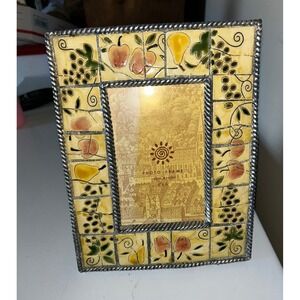 Vintage Fruit Mosaic Tile Photo Frame 4x6 Silver Rope Trim Pears Grapes Peach